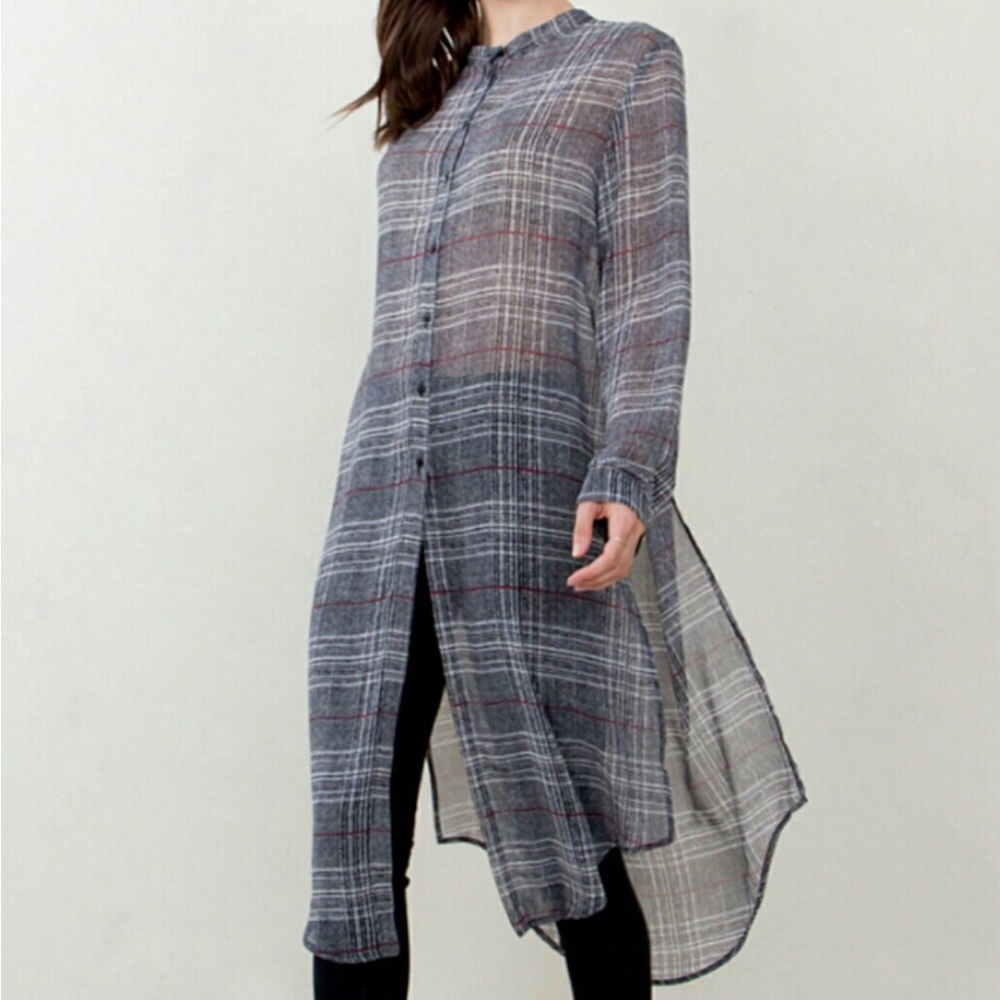 SUGAR + LIPS black red white plaid chiffon tunic duster M